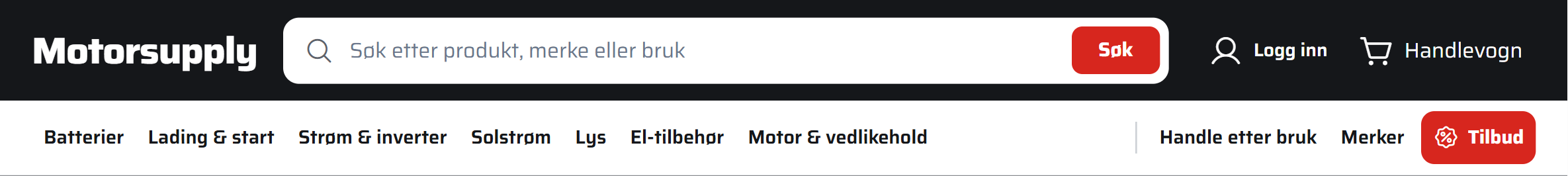 Headeren i nettbutikken i dag, med tekstlogo